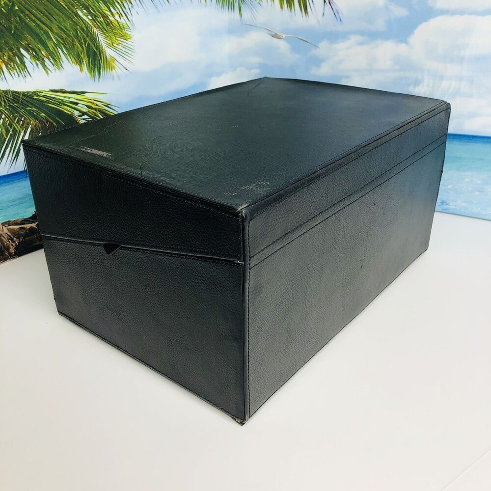 Vintage Black Genuine Leather Storage Organizer File Box with Divider